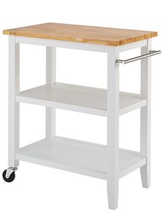 a white kitchen cart with a butcher block on the top and two shelves below it