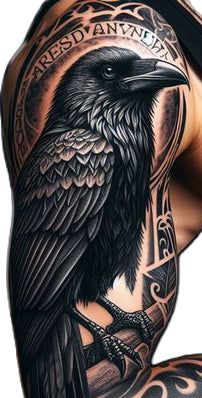 a man's back with a black crow tattoo on his left arm and chest