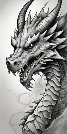 a black and white drawing of a dragon's head with large horns on it