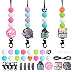 several different items are hanging from hooks and on the string, including balls, scissors, and paper clips