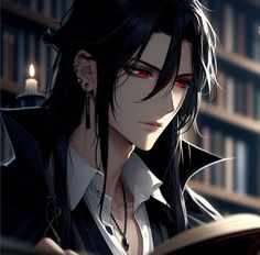 an anime character is reading a book in front of bookshelves with red eyes