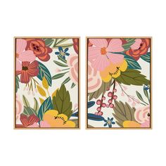 two framed paintings with flowers and leaves on the wall, one in pink and green