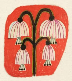 a drawing of two flowers on a red background