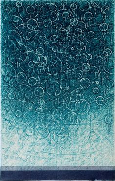 an abstract painting with blue and green colors on the bottom, it is made up of circles