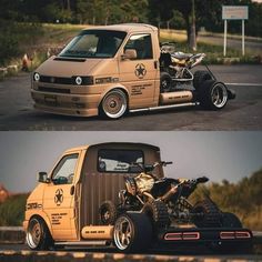 two pictures side by side of a small truck with a motorcycle on the back and an off - road vehicle in the front