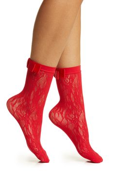 A neat bow trims the back of lively lace crew socks designed to make a statement. Nylon/spandex Hand wash, dry flat Imported Socks With Lace, Frilly Socks, Red Socks, 1 Billion, Lace Socks, Thigh High Socks, Designer Socks, Thigh High, Summer 2024