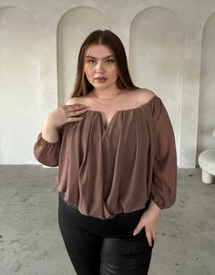 Curve Draped Chiffon Blouse Plus Size Tops Mocha 1XL -2020AVE Versatile Solid Blouse For Night Out, Chic Brown Party Blouse, Elegant Brown Blouse For Night Out, Elegant Brown Tops For Date Night, Elegant Brown Top For Date Night, Brown Long Sleeve Top For Date Night, Draped Blouse, Feminine Top, Dressy Blouse