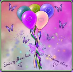 a birthday card with balloons and butterflies on the front, says happy birthday for my aunt sending all our love to heaven above