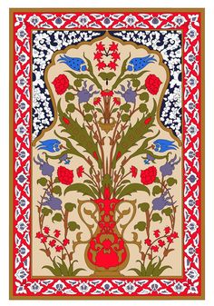 an intricately designed rug with flowers and birds on it's border, in red, green, yellow and blue colors