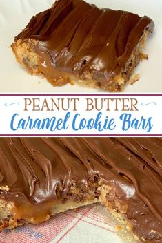 the peanut butter caramel cookie bar is cut in half