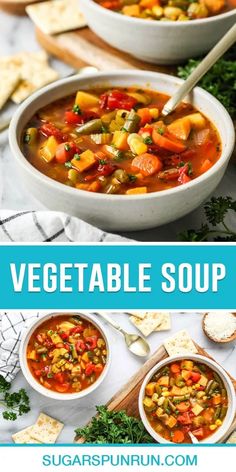 two bowls filled with vegetable soup on top of a table