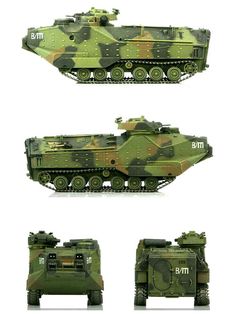 four different views of an army vehicle with camouflage paint scheme on the front and back