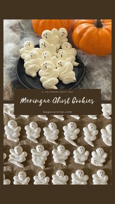 Ghost-shaped meringue cookie recipe Ghost Thumbprint Cookies, Halloween Merange Cookies, Meringue Ghost Cookies, Small Halloween Desserts, Pumpkin Meringue Cookies, Meringue Ghosts Recipe, Halloween Meringue Pops, Merengue Ghosts, Thanksgiving Meringue Cookies