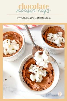 chocolate mousse cups with whipped cream on top and text overlay that reads, chocolate mousse cups