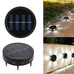 solar powered garden lights on the side of a wall and in front of a walkway