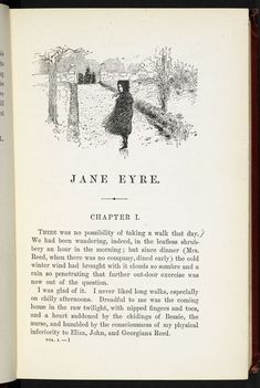 an open book with black and white illustrations on the page, titled jane evree