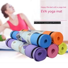 yoga mats are stacked on top of each other with the words happy life start with a yoga mat