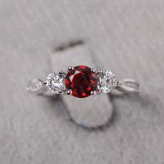 Silver Band Engagement Rings, Engament Rings, White Gold Ruby Ring, Red Crystal Ring, Cute Promise Rings, Garnet Ring Silver