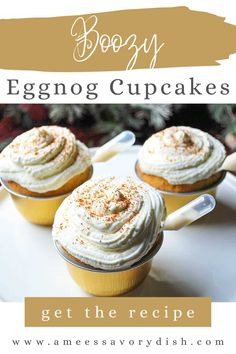 eggnog cupcakes on a white plate with the title boozy eggnog cupcakes