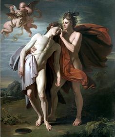 the painting depicts two men embracing each other in front of an angel and demon like creature