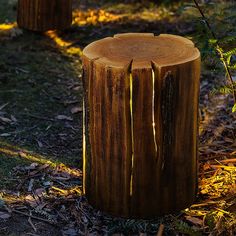 two wooden stools sitting on top of a grass covered field next to a forest