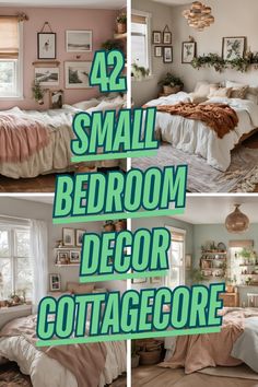 small bedroom decorating ideas for cottage style homes in the summer and wintertime, with text overlay that reads 42 small bedroom decorating ideas for cottage style homes