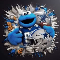 the cookie monster is holding a football helmet