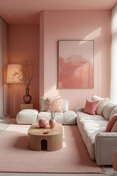 a living room with pink walls and white furniture in the center, along with a large painting on the wall