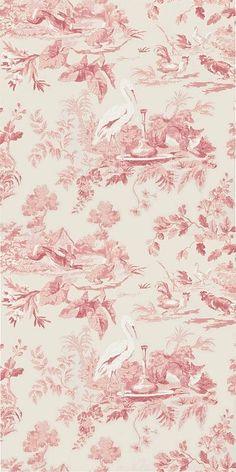 a pink and white wallpaper with birds on the top, flowers in the background