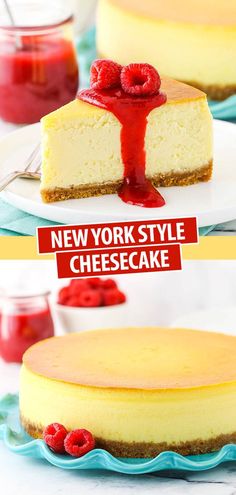 cheesecake with raspberries on top and the words new york style cheesecake below