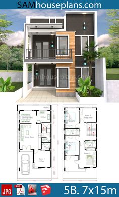 two story house plan with three floors and an attached balcony, in the same area