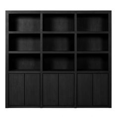 an empty black bookcase on a white background