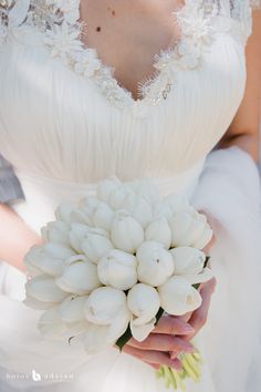 a bride holding a bouquet of white tulips