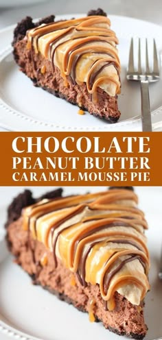 chocolate peanut butter caramel mousse pie on a white plate