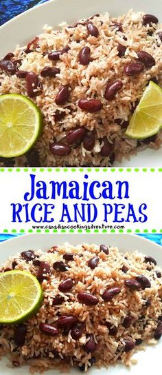 jamaican rice and peas on a plate with limes