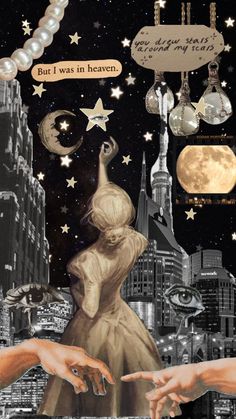 two hands reaching out towards each other in front of a cityscape with stars and moon