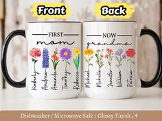 two coffee mugs with flowers on them, one has the words front and back