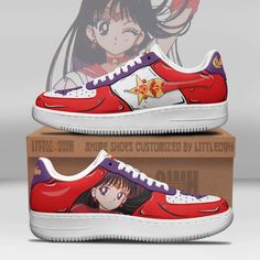 a pair of sneakers with anime characters painted on the upper and bottom, sitting in front of a cardboard box