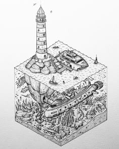 a drawing of an island with a lighthouse on top and other things in the water