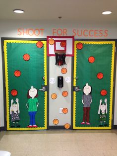 an indoor basketball themed classroom door decorated with paper cutouts and hoops for success