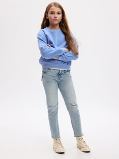 This denim is made with 5% recycled cotton.  Less waste in the world.  More great denim for you.  Stretch denim jeans.  Button closure at waist Preteen Fashion For Girls, Stylish Outfits For Teens, Middle School Outfits 7th Grade, Middle School Fashion, Justice Clothing Outfits, Kids Outfits Daughters