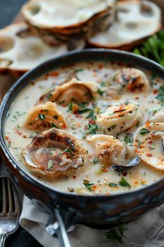 Creamy seafood chowder garnished with herbs and spices, with empty scallop shells in the background. Oyster Soup With Canned Oysters, Oyster Stew Recipes Using Canned Oysters, Oyster Stew With Canned Oysters, Canned Oyster Recipes, Bisque Recipes, Oyster Stew Recipes, Canned Oysters, Oyster Soup, Seafood Soups