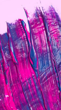 an abstract painting with blue and pink streaks on it's surface, against a light pink background