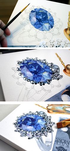 the process of painting a blue diamond in watercolor and ink on white paper with gold trimmings