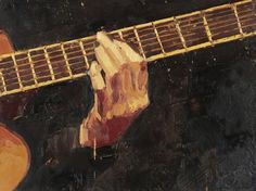 a painting of a person holding an acoustic guitar in their right hand and the other hand resting on top of it