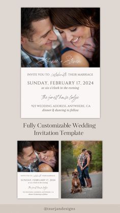 the wedding announcement card is shown with two photos and an image of a couple hugging each other