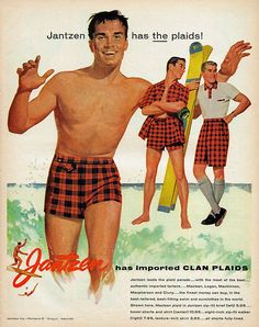 dtxmcclain: Jantzen has the plaids! 1955 Swin Suits, 1950s Mens Fashion, Bermuda Shorts Women, Film Fashion