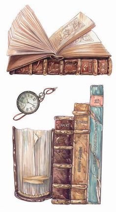 watercolor painting of books and a clock