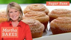 martha bakes is smiling in front of some sugared muffins on a tray