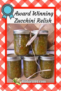 several jars filled with green food sitting on top of a checkered tablecloth background